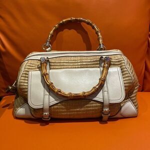 Vintage Gucci Raffia White Leather Bamboo Boston Bag